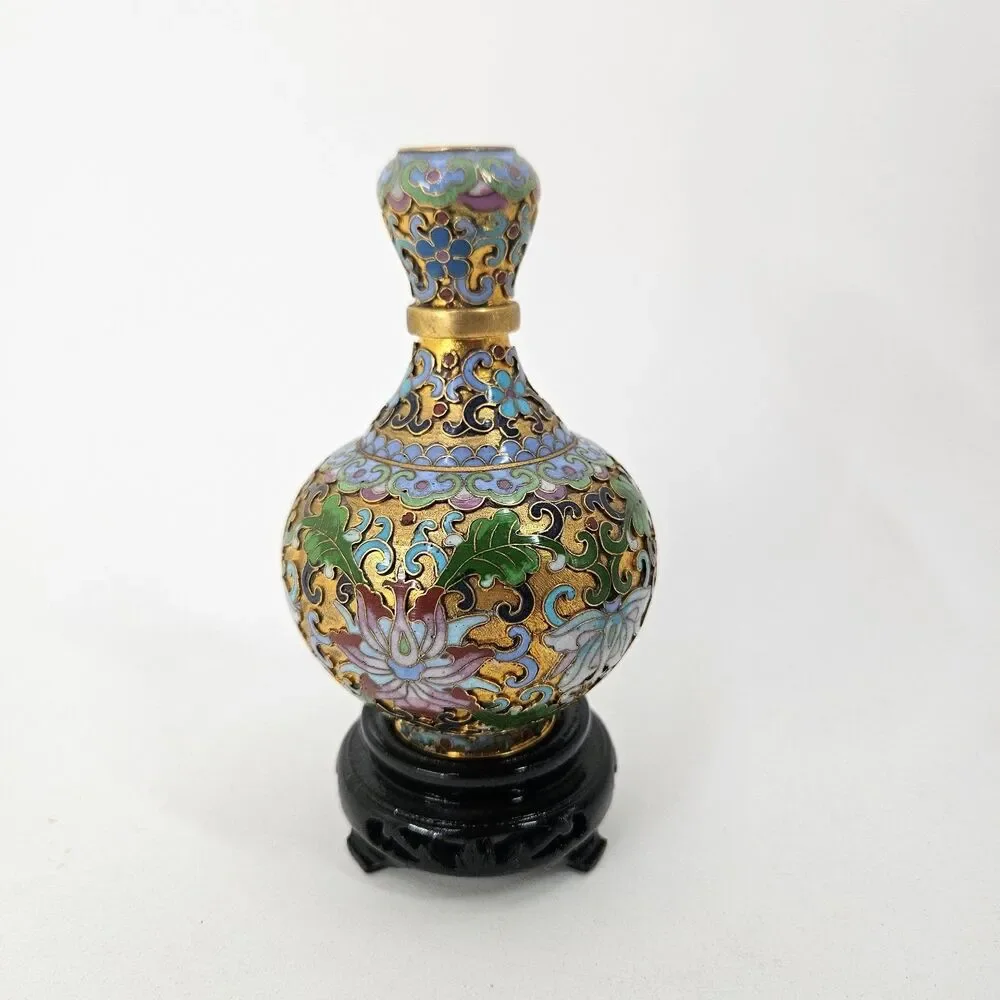 Vintage Chinese Cloisonne Enamel Floral Vase Miniature w/ Stand 20C